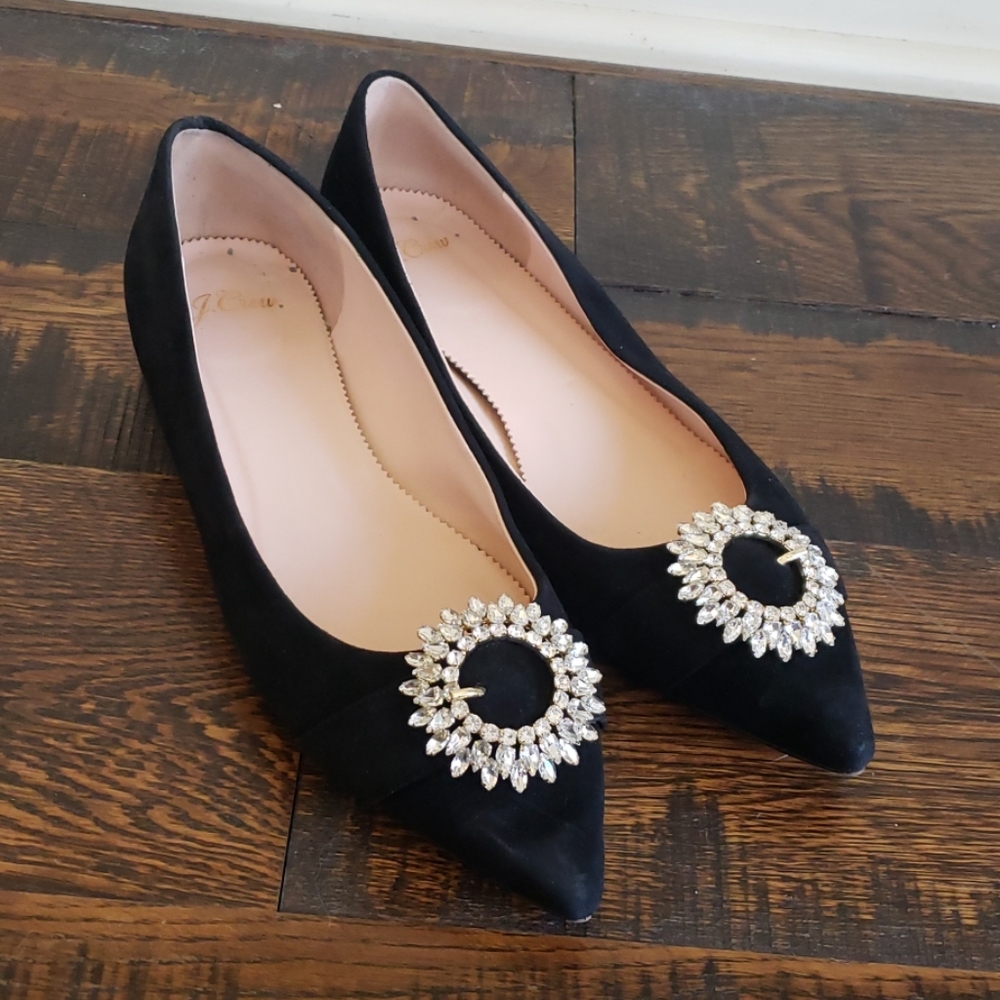 J. Crew Black Pointed Toe Flats with Crystal Buckle